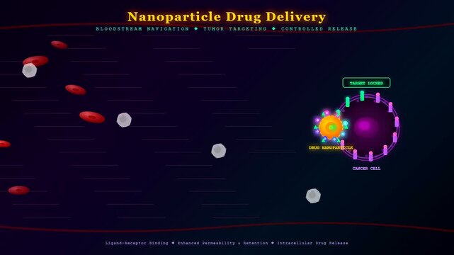 Detailed targeted drug delivery animation depicts a specialized nanoparticle navigating biological pathways, effectively locating and locking onto a cancer cell for precise treatment release.