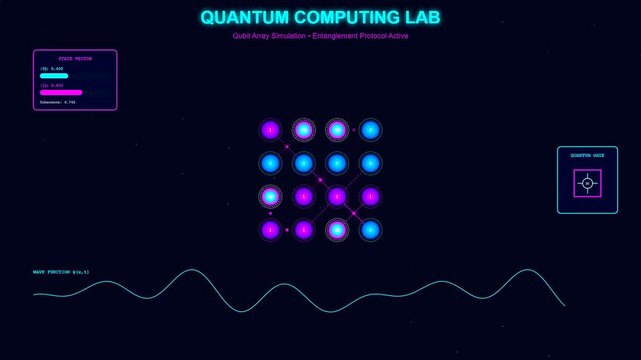 Scientists meticulously analyze advanced quantum computing simulations for future targeted drug delivery mechanisms, exploring complex qubit states and wave functions in an active lab environment.