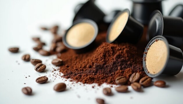 Pile of coffee beans, ground coffee, and espresso pods on white surface. Close-up shot of ingredients for brewing hot beverage. Fresh caffeine for morning.