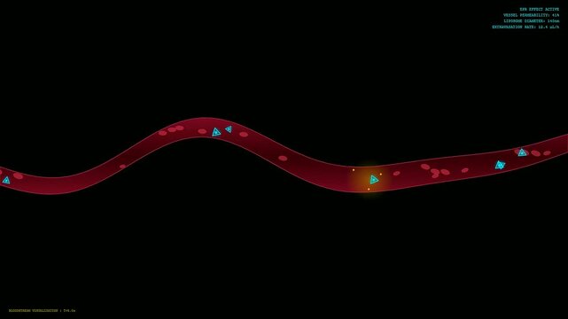 Visualizing microscopic biological processes, targeted drug delivery demonstrates blue nanoparticles navigating a winding vessel among red blood cells to specific glowing treatment sites.