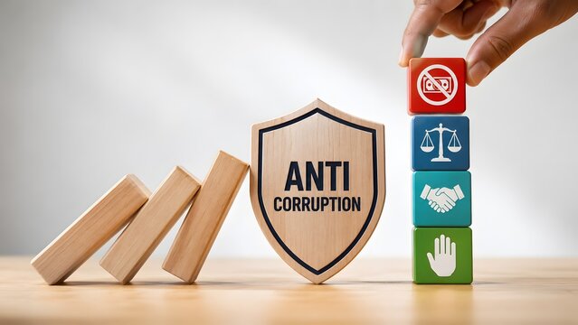 Anti corruption wooden shield stopping falling dominoes beside a hand stacking colorful blocks with legal compliance icons, representing business ethics and fraud prevention