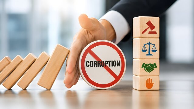 Hand stopping falling dominoes near a forbidden Corruption sign and a stack of legal justice blocks, symbolizing ethical business practices and regulatory compliance