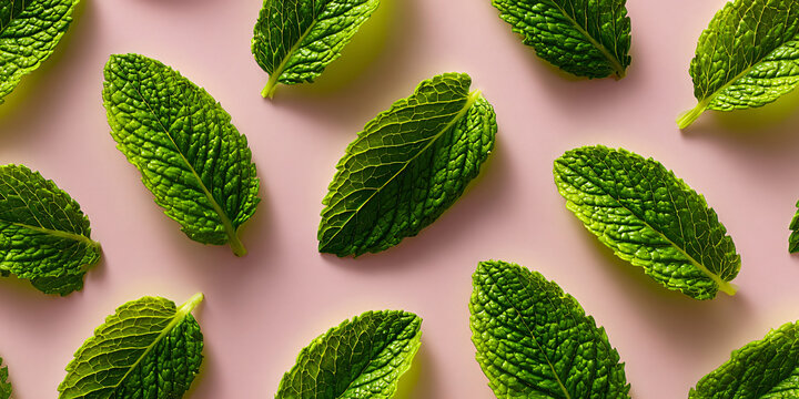 Seamless Pattern of Bright Green Dried Mint Sprigs on Pink