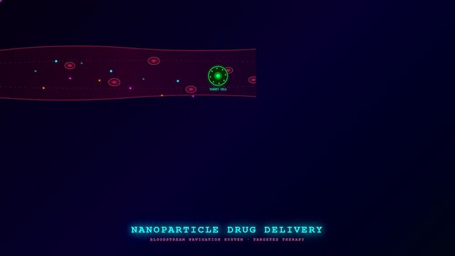 Innovative targeted drug delivery system showing precision nanotechnology navigating a vascular bloodstream to identify and treat a specific diseased cell, envisioning future medical advancements.