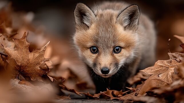 Adorable Fox Kit Posing in Autumn Leaves A Captivating Wildlife Portrait.
