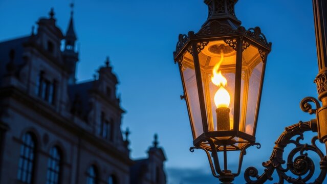 Ornate vintage gas lantern glowing against a blue twilight sky.
