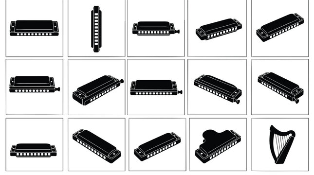 Collection of various harmonicas and a harp in black and white silhouette.