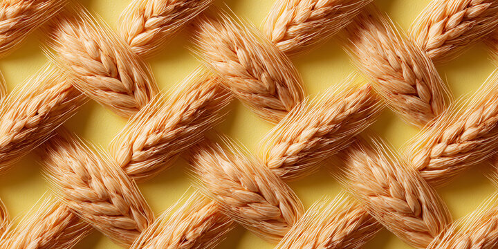 Seamless Pattern of Golden Wheat Sheaves Braided on Yellow