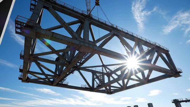 Massive steel truss structure being lifted by construction crane against a bright blue sky with sun flares