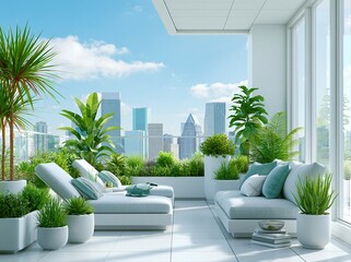 Obraz premium Outdoor space with green plants and city view on a sunny day