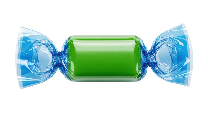 Single Green Hard Candy Wrapped in Blue Foil on White Background
