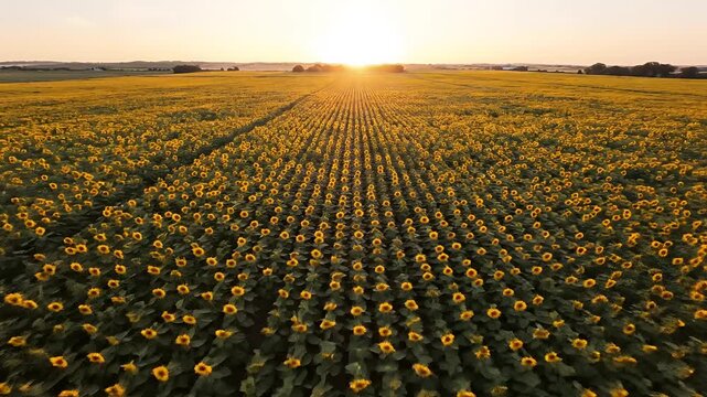 Vast Sunflower Field Bathed in Golden Sunset Light Aerial View.