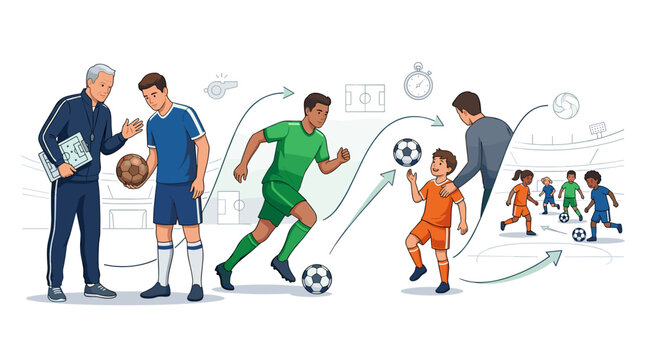A vivid illustration depicting the progression of a soccer player from a beginner to a seasoned athlete, guided by coaches and team members Inspiration  2D Vector Illustration
