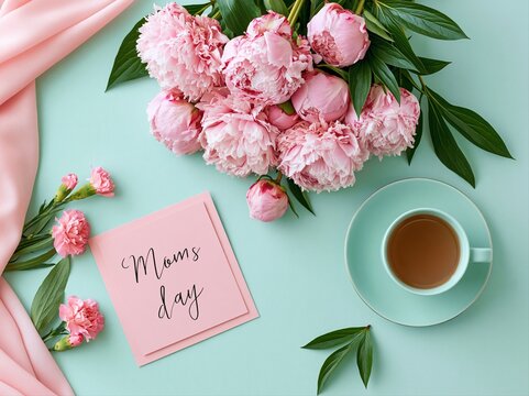 Flowers and a cup of tea on a table with a card for Moms Day celebrating motherhood