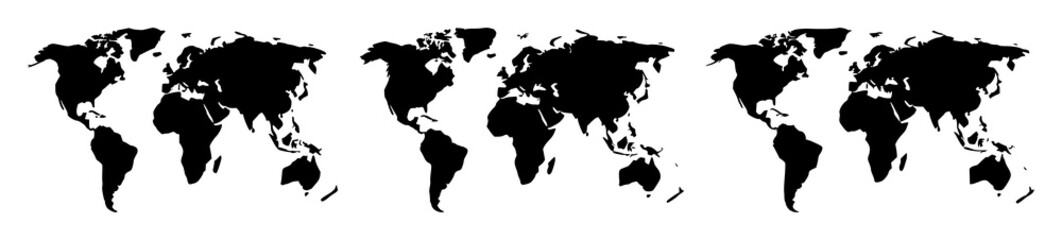 World map icon set with solid black line art design featuring geographic map, global outline, political borders with outlines and continents © MdRonok