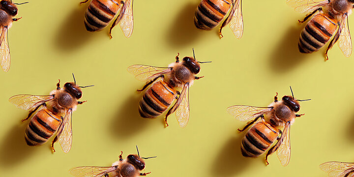 Seamless Golden Honeybee Pattern on Yellow Background