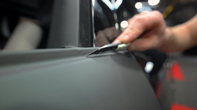 Close up of a cutting matte vinyl wrap on a car body panel in a workshop. Automotive detailing process with protective film installation