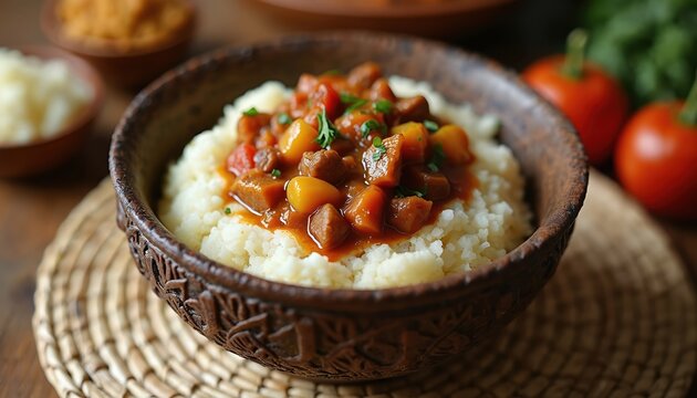 African fufu with meat stew in rustic bowl. Hearty cassava and yam dish with sauce. Served hot, savory, wholesome, and flavorful meal. Traditional cuisine.