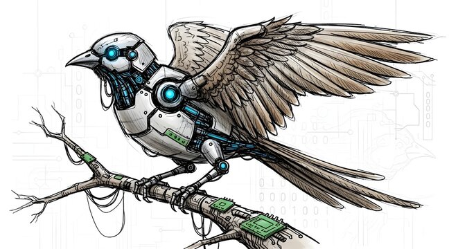Cyborg bird with blue eyes perched on a robotic branch with circuit boards and wires
