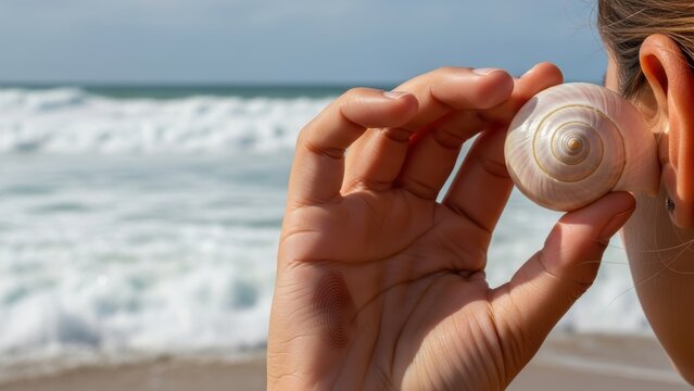A person holding a seashell to their ear to listen to the ocean.