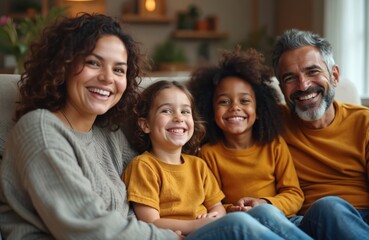 Fototapeta premium Happy diverse family of four sits together on sofa. Parents and two daughters smile at camera indoors. Loved ones enjoy leisure time at home.