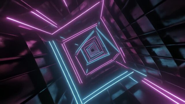 暗闇を流れる発光幾何学ラインのサイバーパンクアニメーション背景