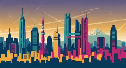 Obraz premium City skyline illustration colorful buildings urban landscape design