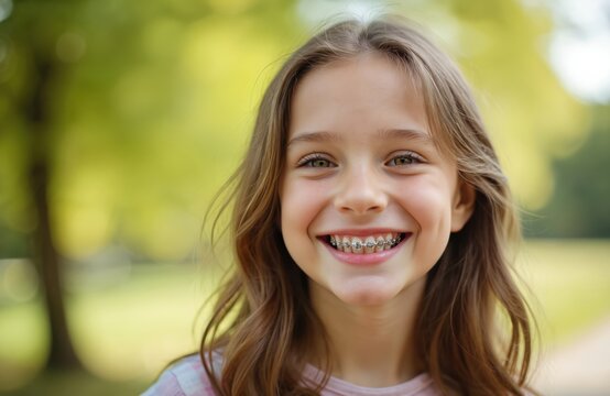 Young girl with metal braces smiles happily outdoors. Her teeth are aligned for a straighter, healthier smile. This photo shows confidence and progress.