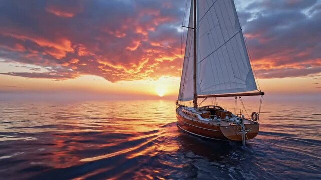 Tranquil sailboat gracefully gliding across the water at sunset with stunning cloud formations and reflections