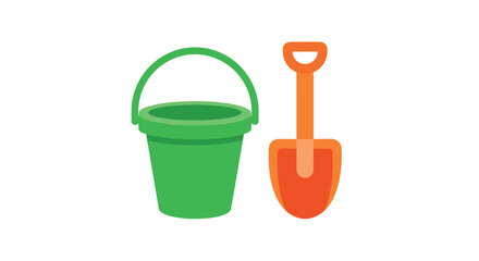 Obraz premium Flat vector illustration of a green plastic bucket paired with an orange shovel positioned on a white background for simple summer beach toy graphic design projects.
