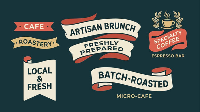 Artisan, Local, and Freshly Prepared Coffee and Cafe Labels, Badges, and Banners for Coffee Shops and Roasters