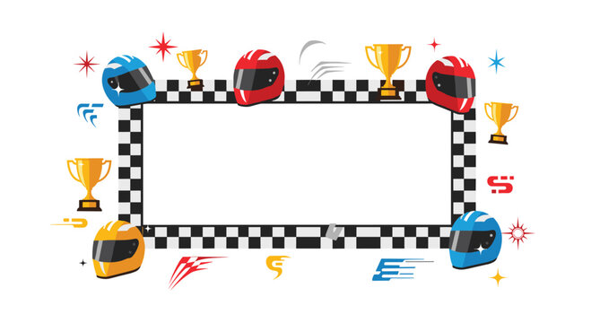 Racing themed rectangular border decorated with colorful helmets and gold trophies set against a white background with a classic checkered flag pattern and motion lines.