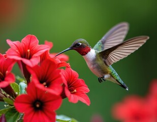 Fototapeta premium Small ruby throated hummingbird hovers near bright red flowers drinking nectar. Tiny bird with long beak and spread wings in green garden. Female bird flies in nature habitat.