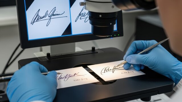 A forensic expert in blue gloves analyzes and compares signatures.