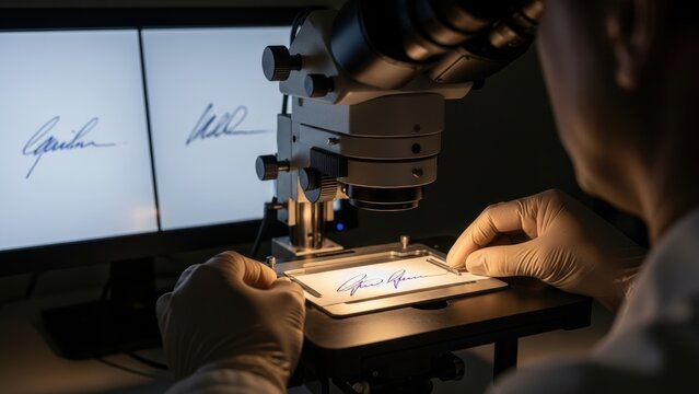 A forensic scientist comparing signatures under a microscope.