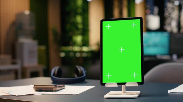 Vertical green screen in empty corporate office at night with spacious open space layout and elegant interior design. Professional workplace atmosphere in business headquarters after hours.