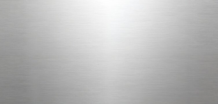 Brushed metal surface with fine horizontal lines. Reflective silver texture with bright light spot. Smooth metallic background for design projects and industrial themes.