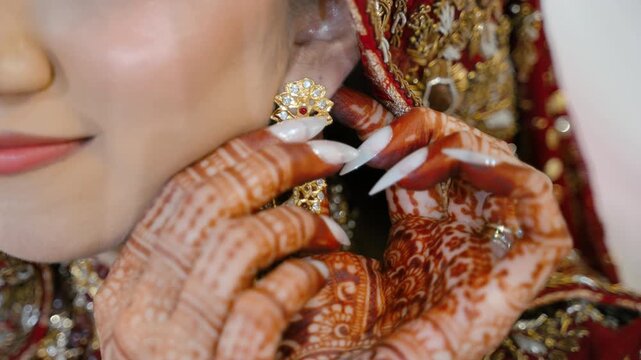 Close up of Indian bride adjusting traditional gold earring during wedding preparation. Beautiful henna details and elegant bridal jewelry.