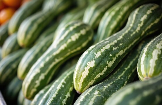 Pointed gourds with green and white stripes piled up for sale in a market. Fresh healthy vegetables ready for cooking and eating. Natural food source for Asian cuisine.