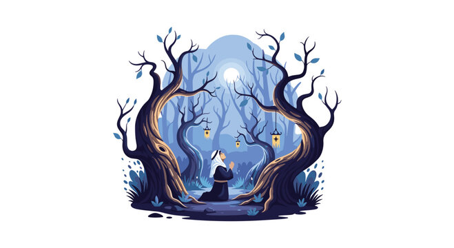 A solitary figure in traditional clothing kneels in prayer within a dense forest clearing filled with gnarled trees and hanging lanterns under a bright full moon night.