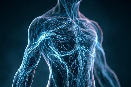 The Human Nervous System: A striking visualization of the intricate human nervous system, with glowing blue nerve pathways illuminating the chest and arm, symbolizing communication and vitality.