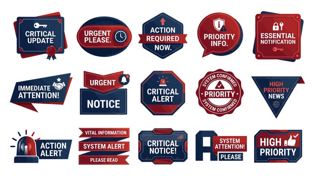 Vector graphic collection of alert badges, urgent banners, and priority labels for critical digital messages and immediate attention notifications