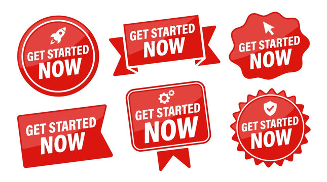 Collection of modern vector red 'Get Started Now' call to action badges and labels with various icons, ideal for engaging user interfaces on websites and mobile applications