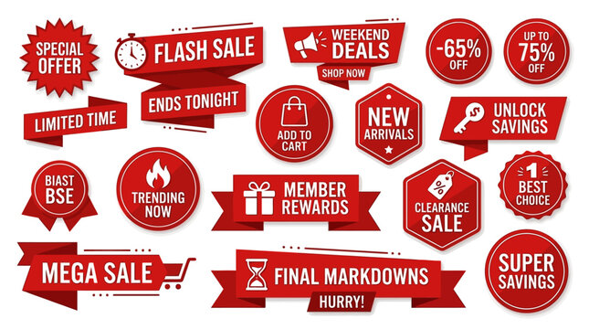 Collection of red sale and discount signs with bold text and icons for marketing promotions and advertising campaigns