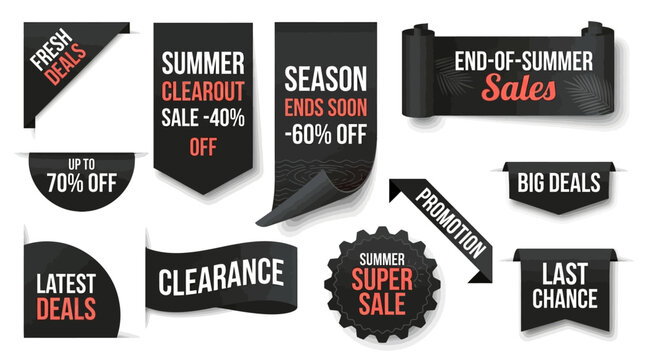Assortment of realistic black textile shopping tags and banners highlighting various discounts, clearance events, and limited-time promotions for seasonal sales and special offers