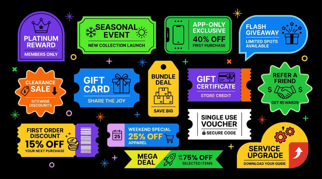 A vibrant array of discount badges, coupon tags, and special offer labels designed to boost sales, reward loyalty, and attract new customers with irresistible promotions