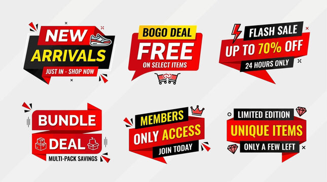 Dynamic set of e-commerce promotional labels in red and black, ideal for digital marketing campaigns, featuring discounts, special offers, new arrivals, and limited-time sales