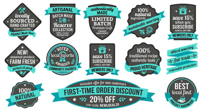 Collection of stylized, teal-colored badges and labels showcasing artisanal quality, limited production, and special offers, perfect for branding and marketing campaigns