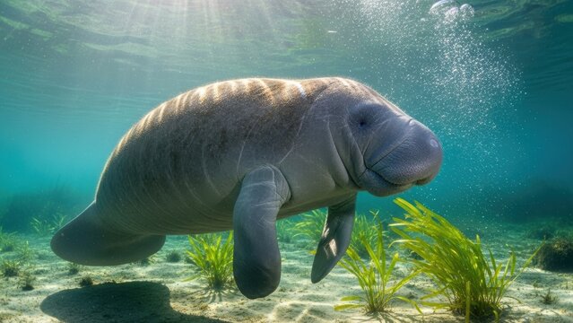 A manatee swimming underwater near seagrass.