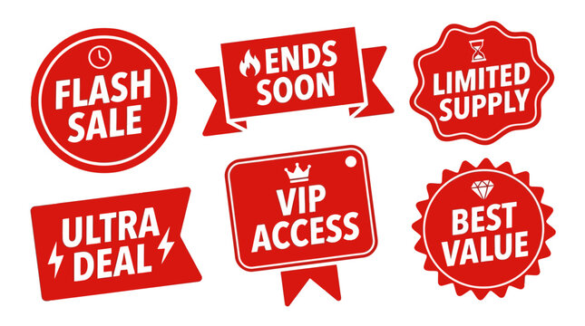 Collection of Red Sale and Discount Badges Featuring Special Offers and Limited Availability Labels